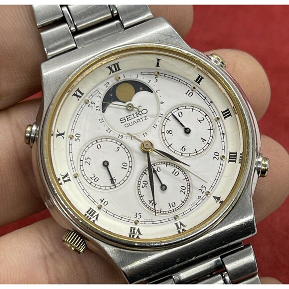 Vintage 7a48-7000 JDM Seiko Chronograph Quartz Watch Moon Phase Moonphase - Picture 5 of 9